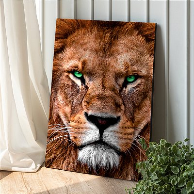 Quadro Decorativo Canvas Animal Selvagem Face Leão Olhos Verdes Vertical