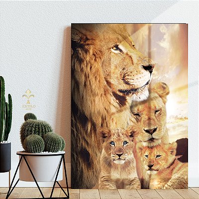 Quadro Decorativo Canvas Animais Selvagens Leão e sua Família Vertical