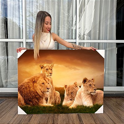 Quadro Decorativo Canvas Animais Selvagens Família Leão Dois Filhotes Horizontal