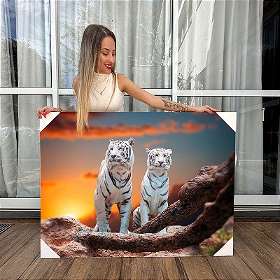 Quadro Decorativo Canvas Animais Selvagens Casal Tigres Bancos Horizontal