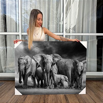 Quadro Decorativo Canvas Animais Manada De Elefantes Preto e Branco Horizontal