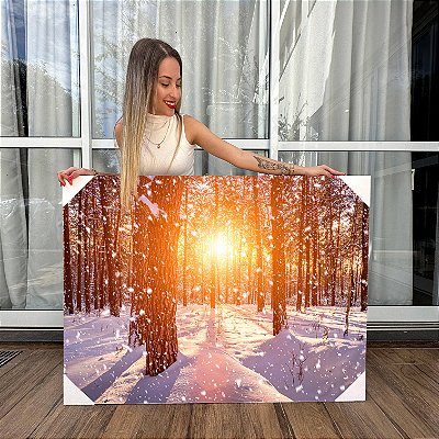 Quadro Decorativo Canvas Floresta com Árvores na Neve Horizontal