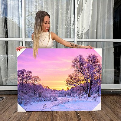 Quadro Decorativo Canvas Floresta ao Entardecer na Neve Horizontal