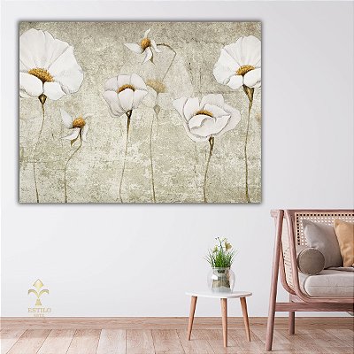 Quadro Decorativo Canvas Floral Artístico Margaridas Brancas Horizontal
