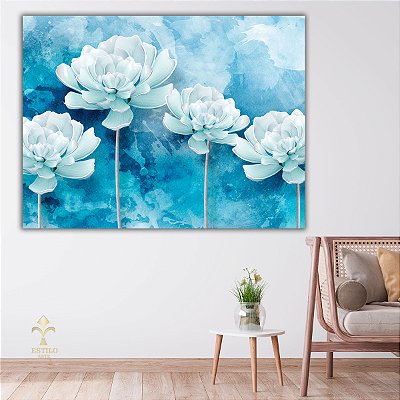 Quadro Decorativo Canvas Arte Floral Flor de Lótus Azul e Branco Horizontal