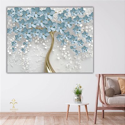 Quadro Decorativo Canvas Arte Floral Sakura Flor de Cerejeira Azul e Branco Horizontal