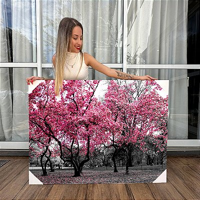 Quadro Decorativo Canvas Bosque Flor de Cerejeira Rosa Horizontal