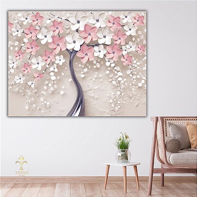 Quadro Decorativo Canvas Arte Floral Sakura Flor de Cerejeira Rosa e Branco Horizontal
