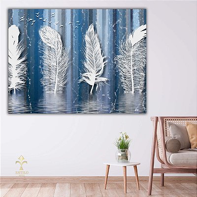 Quadro Decorativo Canvas Arte Abstrata Penas e Paisagem Glacial Azul e Branco Horizontal