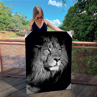 Quadro Decorativo Canvas Animal Selvagem Leão Face Sentado Preto e Branco Vertical