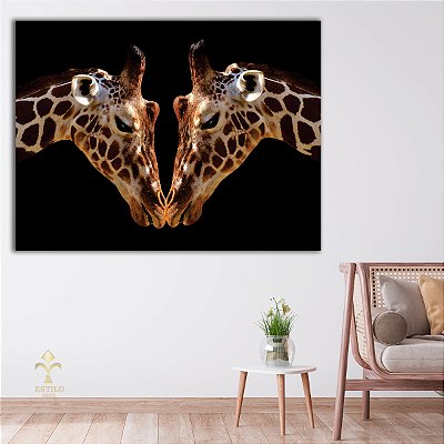 Quadro Decorativo Canvas Animais Casal de Girafas LOVE Fundo Preto Horizontal