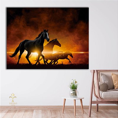Quadro Decorativo Canvas Animais Cavalos Corcel Correndo ao Pôr do Sol Horizontal