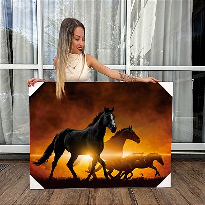 Quadro Decorativo Canvas Animais Cavalos Corcel Correndo ao Pôr do Sol Horizontal