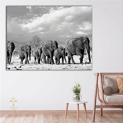 Quadro Decorativo Canvas Animais Manada De Elefantes no Deserto Horizontal