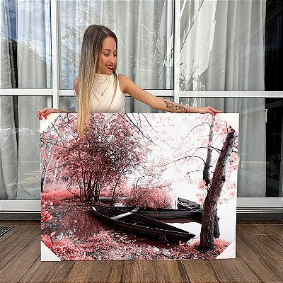 Quadro Decorativo Canvas Barcos na Beira Lago com Árvores Rosé Horizontal