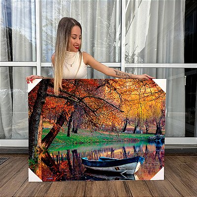 Quadro Decorativo Canvas Floresta Barco no Lago da Floresta Outono Horizontal