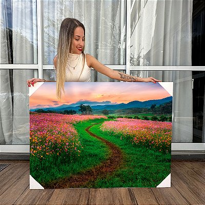 Quadro Decorativo Canvas Caminho no Campo De Flores Céu Azul Horizontal