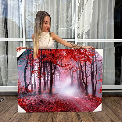 Quadro Decorativo Canvas Bosque Árvores com Folhas Vermelhas Horizontal