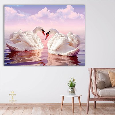 Quadro Decorativo Canvas Romântico Casal de Cisne Branco em Lago Horizontal