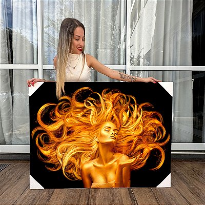 Quadro Decorativo Canvas Beleza Feminina Mulher e Cabelos Dourados Gold Horizontal