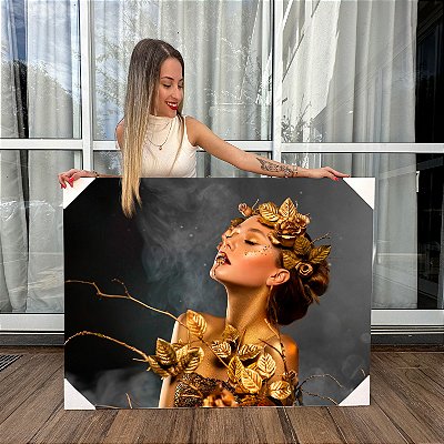 Quadro Decorativo Canvas Mulher Dourada com Flores Woman Gold Horizontal