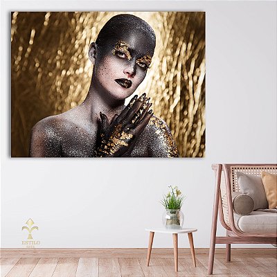 Quadro Decorativo Canvas Mulher Woman Black Gold Beleza Feminina Horizontal