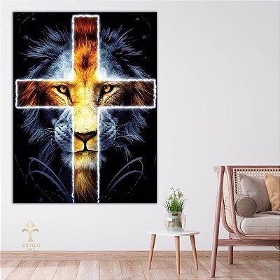Quadro Decorativo Canvas Religioso Arte Asbstrata Face do Leão de Judá em Cruz Horizontal