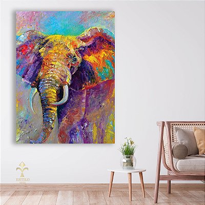 Quadro Decorativo Canvas Pintura Artística Elefante Colorido Abstrato Vertical