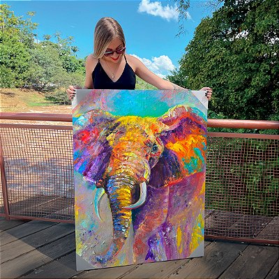 Quadro Decorativo Canvas Pintura Artística Elefante Colorido Abstrato Vertical