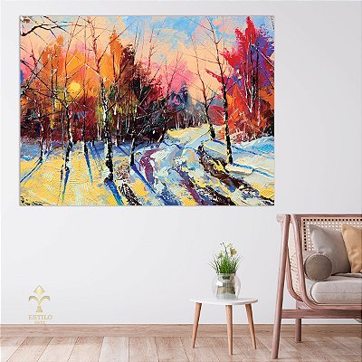 Quadro Decorativo Canvas Pintura Abstrata Árvore Pinheiro Colorido Horizontal