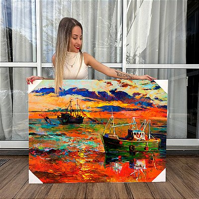 Quadro Decorativo Canvas Pintura Abstrata Barcos Pôr do Sol no Mar Horizontal