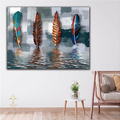 Quadro Decorativo Canvas Arte Abstrata de Penas Coloridas na Água Horizontal