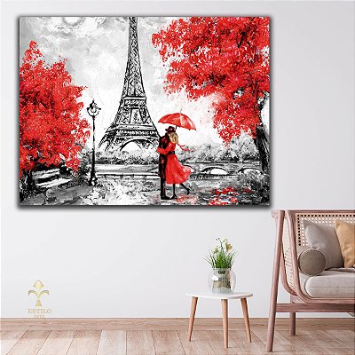 Quadro Decorativo Canvas Torre Eiffel Paris Com Casal Romântico Horizontal