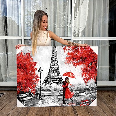Quadro Decorativo Canvas Torre Eiffel Paris Com Casal Romântico Horizontal