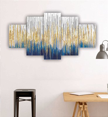Quadros Decorativos Mosaico 5 peças Arte Abstrata Feixes de luz dourado 115x60cm