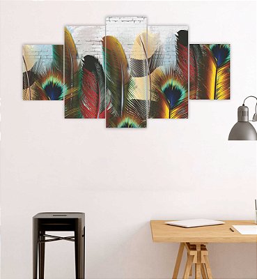 Quadros Decorativos Mosaico 5 peças Arte Penas Coloridas 115x60cm