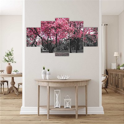 Quadros Decorativos Mosaico 5 peças Floral Sakura Flor de Cerejeira Rosa 115x60cm