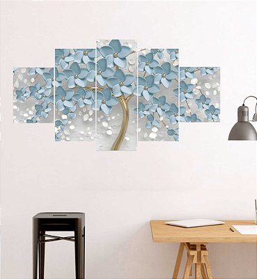 Quadros Decorativos Mosaico 5 peças Arte Floral Sakura Flor de Cerejeira Azul e Branco 115x60cm