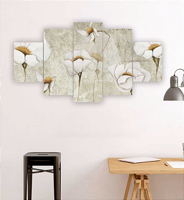 Quadros Decorativos Mosaico 5 peças Floral Artístico Margaridas Brancas 115x60cm