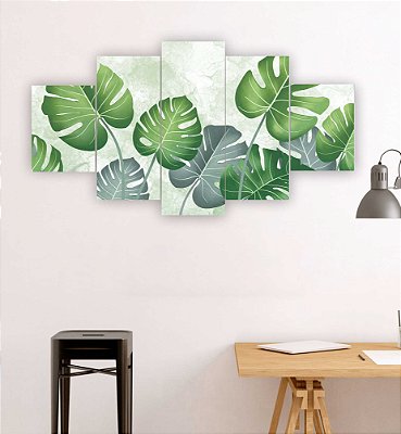 Quadros Decorativos Mosaico 5 peças Floral Folhas Costela de Adão Verdes 115x60cm