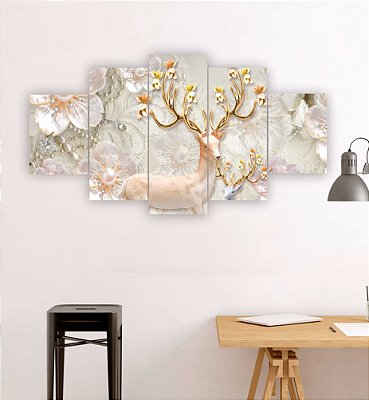 Quadros Decorativos Mosaico 5 peças Arte Fantasia Floral Veado com Chifre Dourado 115x60cm