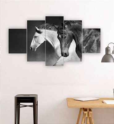 Quadros Decorativos Mosaico 5 peças Cavalo Selvagem Preto e Branco115x60cm