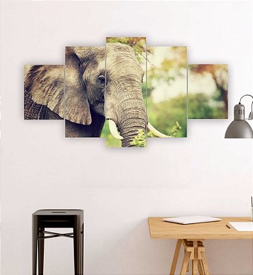 Quadros Decorativos Mosaico 5 peças Animais Selvagens Elefante 115x60cm