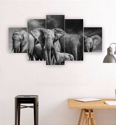 Quadros Decorativos Mosaico 5 peças Animais Selvagens Manada de Elefantes 115x60cm