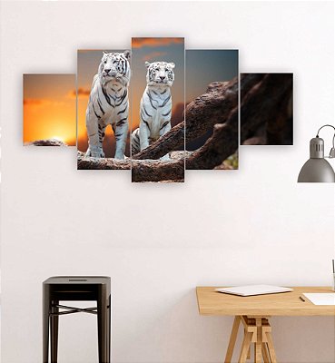 Quadros Decorativos Mosaico 5 peças Animais Selvagens Casal de Tigres Brancos 115x60cm