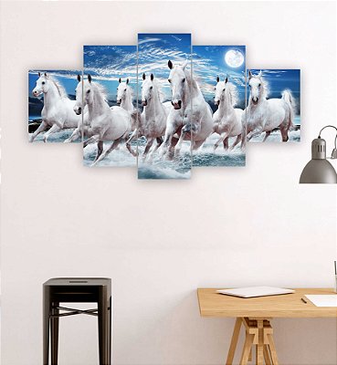 Quadros Decorativos Mosaico 5 peças Manada de Cavalos Brancos 115x60cm