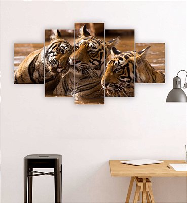 Quadros Decorativos Mosaico 5 peças Animais Família de Tigres 115x60cm
