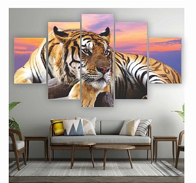Quadros Decorativos Mosaico 5 peças Animal Selvagem Tigre  115x60cm