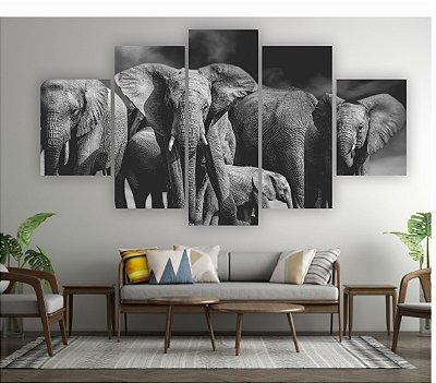 Quadros Decorativos Mosaico 5 peças Animais Selvagens Manada de Elefantes Preto e Branco 115x60cm
