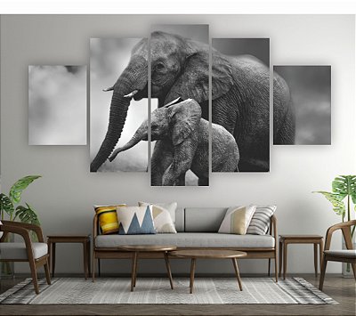 Quadros Decorativos Mosaico 5 peças Mãe e Filho Elefante Animais Selvagens Preto e Branco 115x60cm